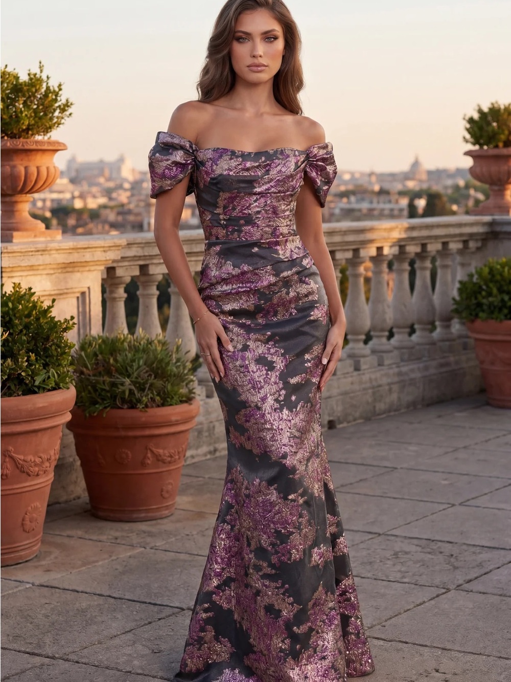 Black Pink Long Off Shoulder Formal Couture Evening Dress NWT